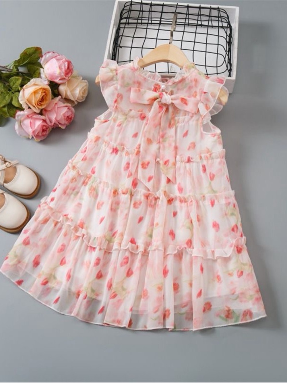 Girls' Floral Tiered Chiffon Dress - Pink 6-7 - Picture 2 of 12